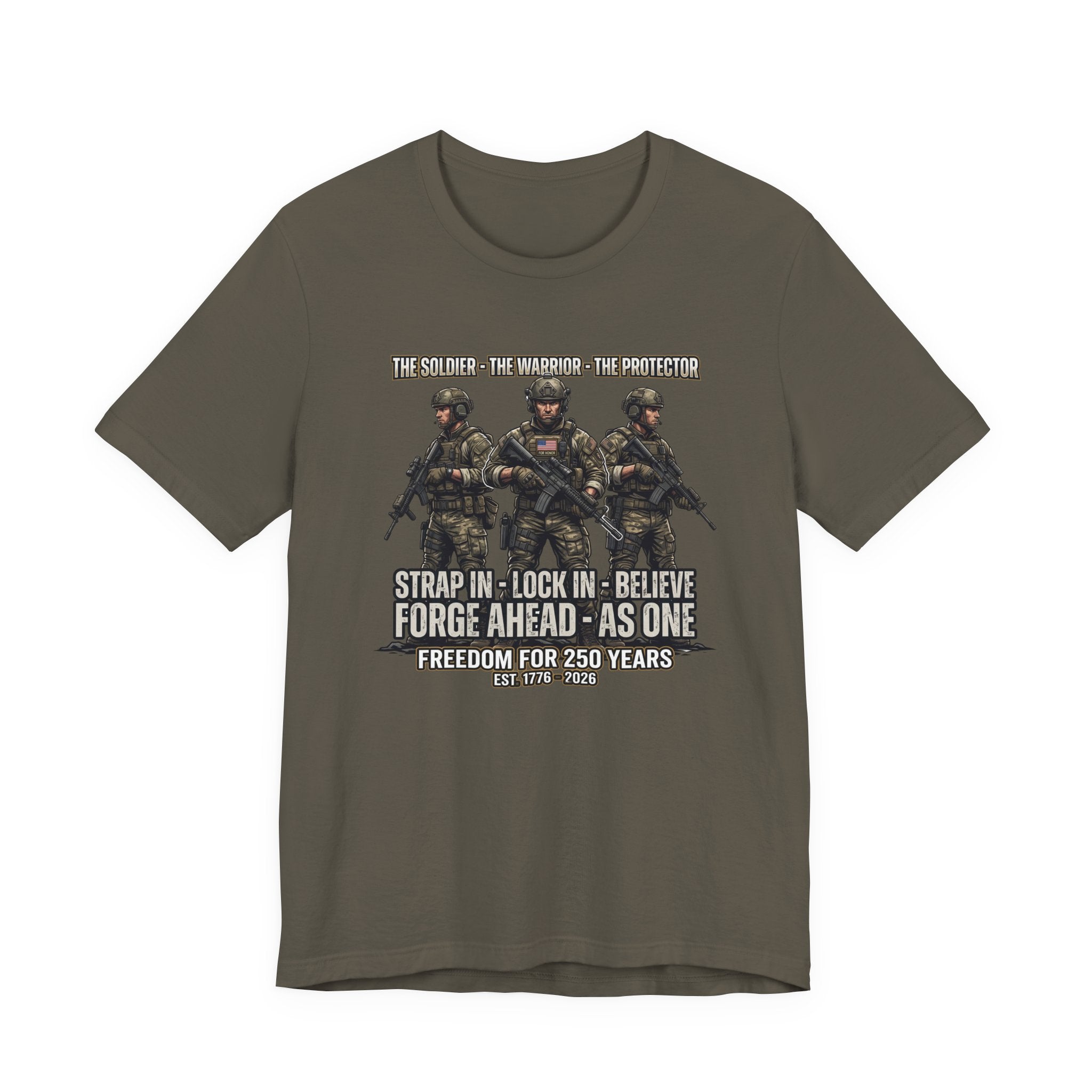 Military Graphic Tee — 'Strap In, Lock In, Believe' Combat Soldiers Design