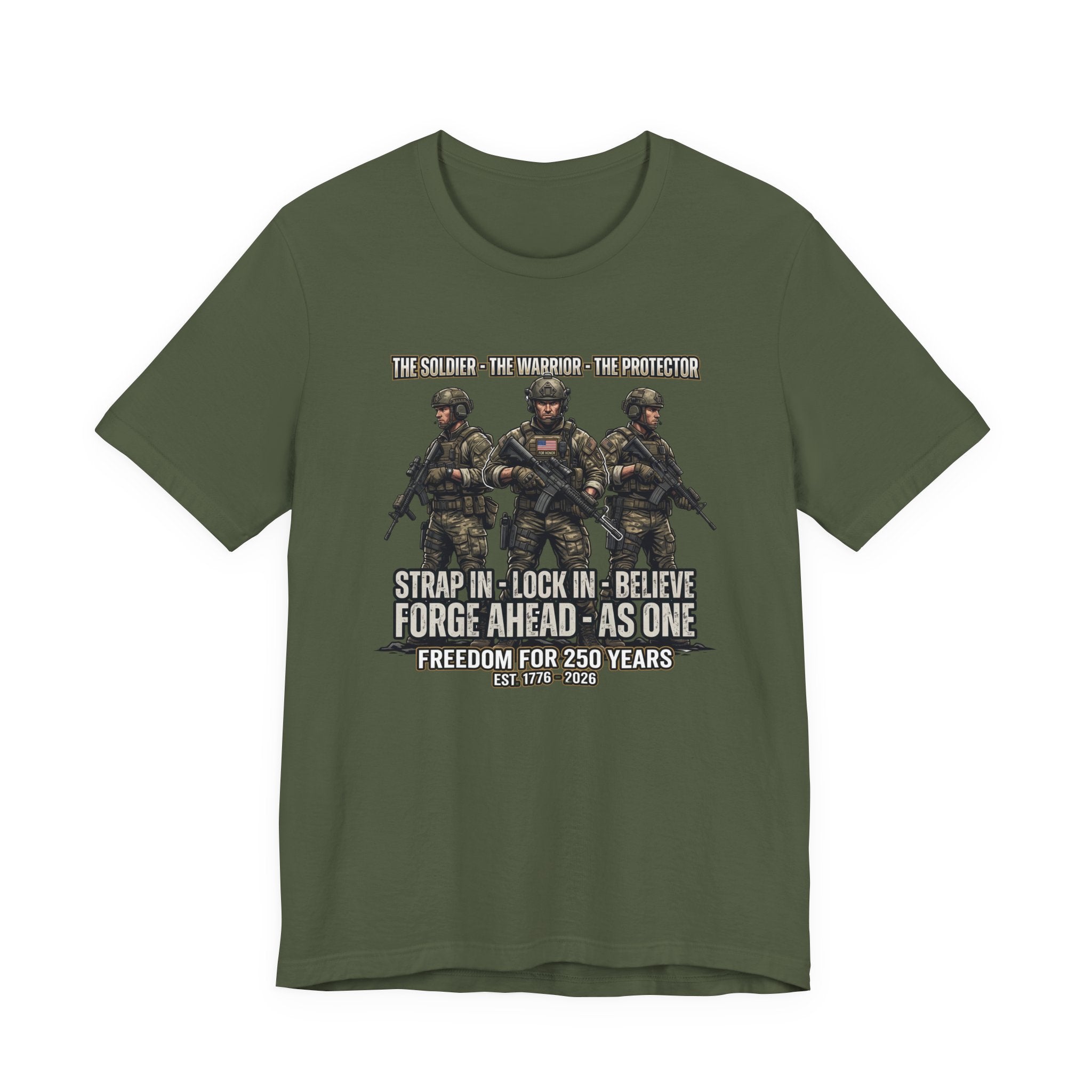 Military Graphic Tee — 'Strap In, Lock In, Believe' Combat Soldiers Design